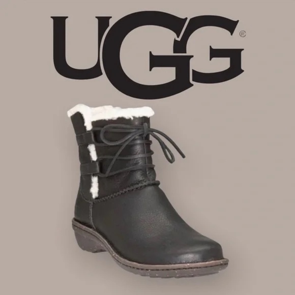 Black Ugg Caspia Leather Ankle Boots For Winter Sheepskin Lace-Up Boots - Picture 1 of 1